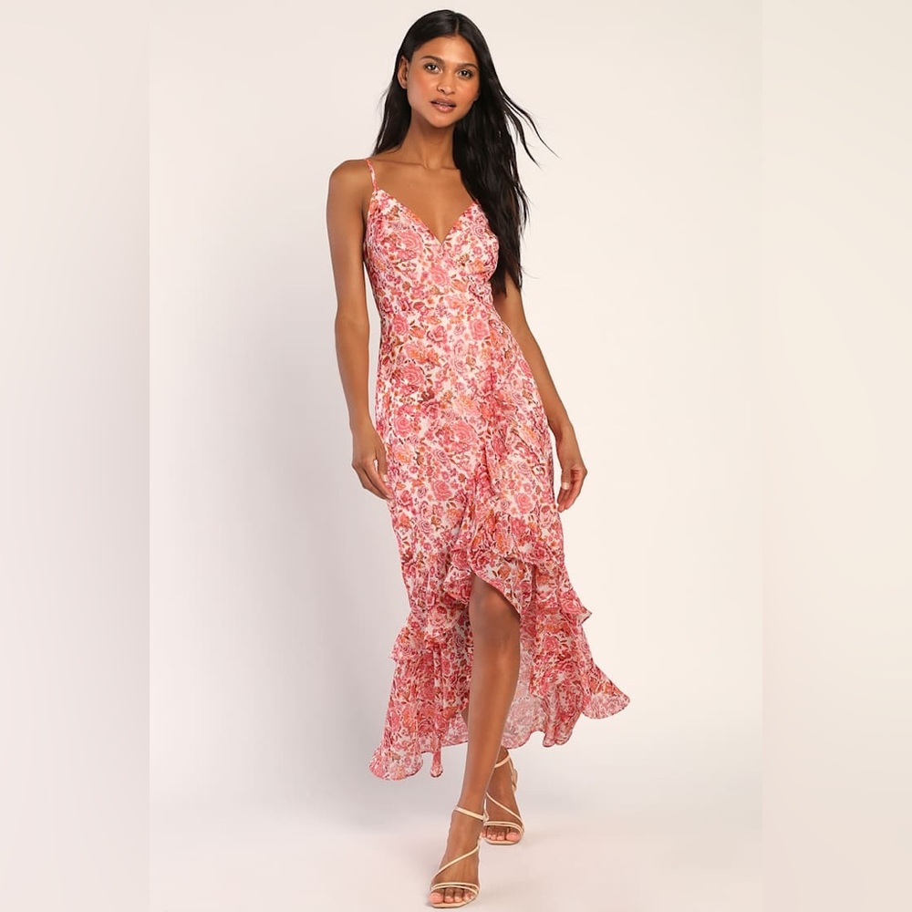 Lulu's Pink Floral High-Low Ruffle Slip Dress
